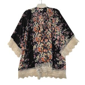 Umgee Floral Kimono Top Black Pink Crochet Lace Trim Boho Festival S/M